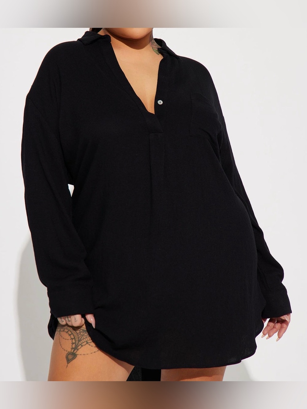 Black Long-Sleeve V-Neck Tunic Dress
